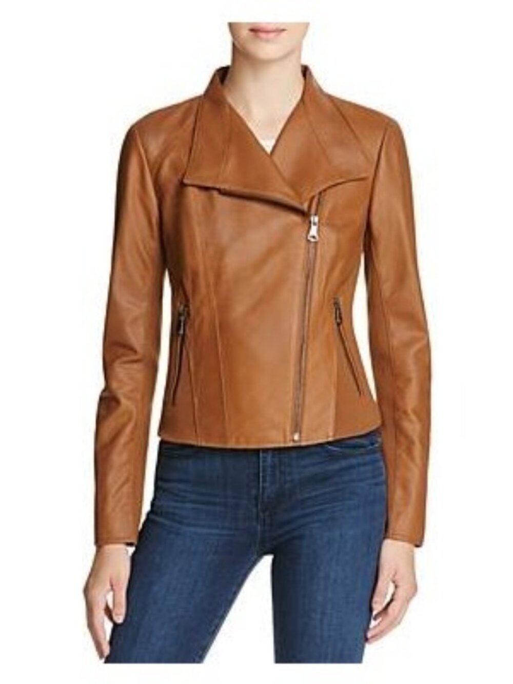 Halogen Cognac Brown Moto Asymmentrical Zip 100% Soft Leather Jacket Women M